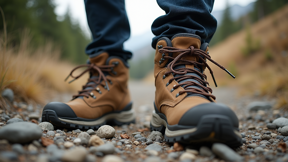Eye-level view of eco-friendly hiking boots on a rocky trail