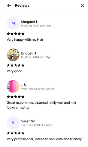 Long-term client 5-star review screenshot celebrating K Five Hair Design's **VIP loyalty discounts** over 3 years.