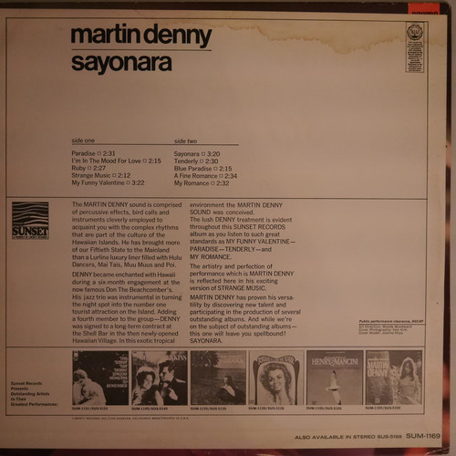 洋楽 Martin Denny / Sayonara  LP Martin Denny – Sayonara – Vinyl (LP, Compilation, Stereo