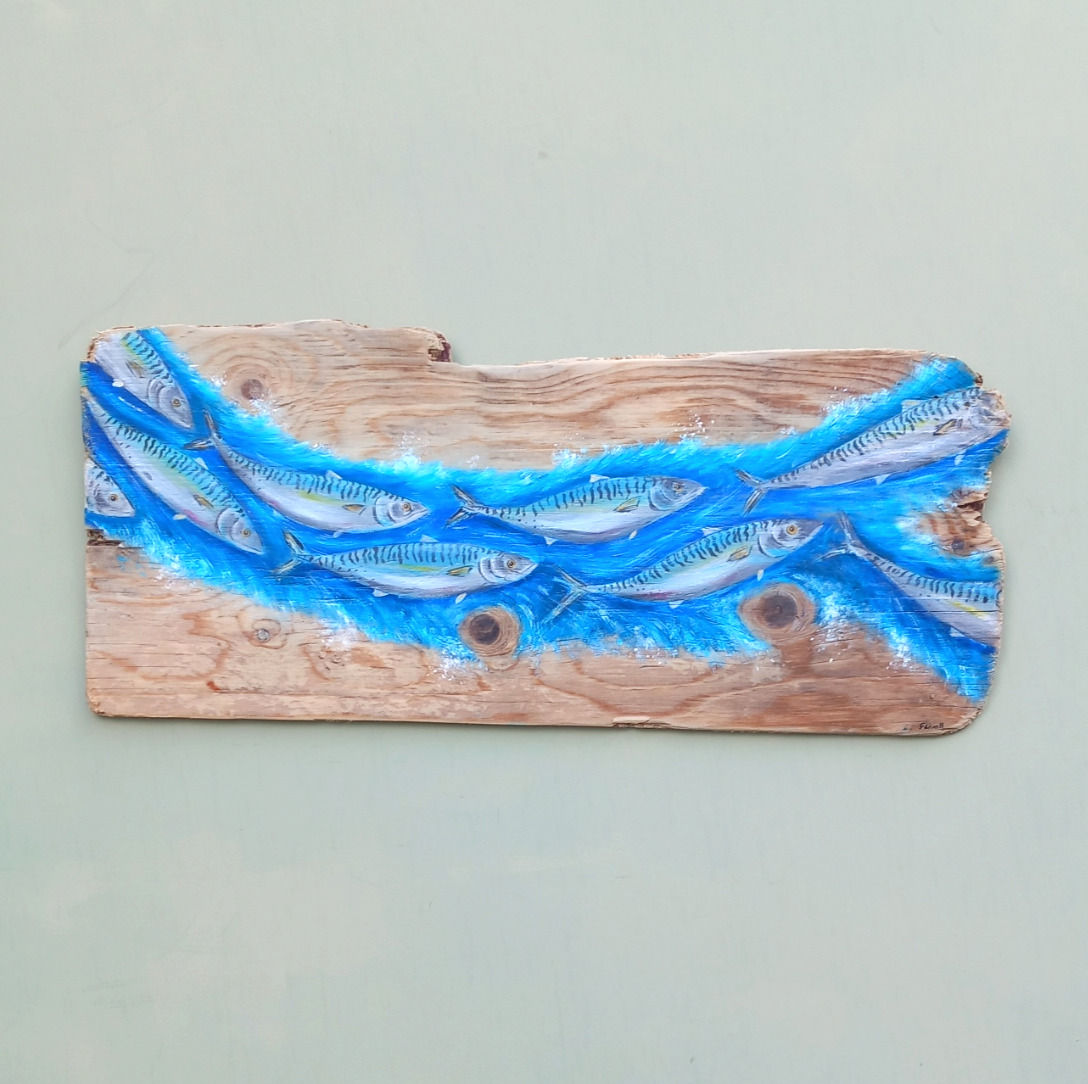 "Going with the Flow" - Mackerel Painting on Reclaimed Wood