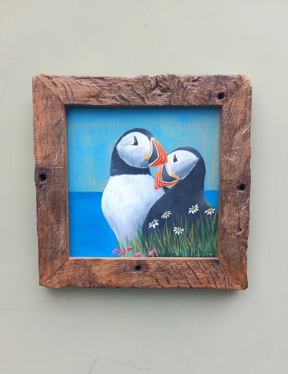 Thumbnail: "Just Us" - Large Framed Puffin Painting on Reclaimed Wood