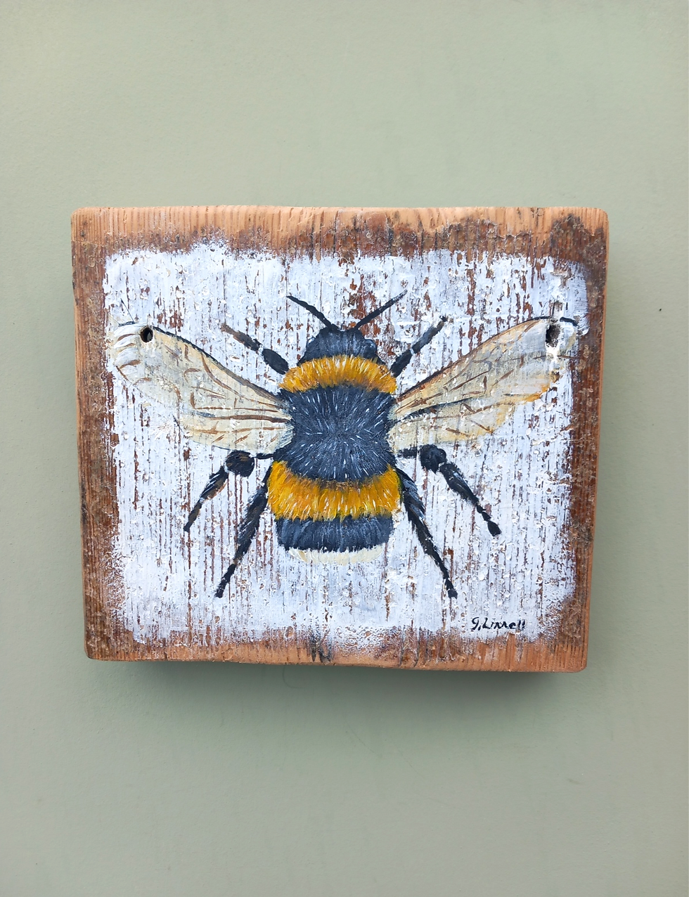 bumblebee painting on reclaimed wood