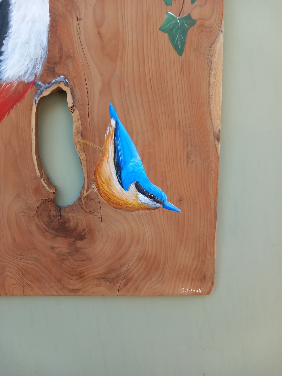 Thumbnail: woodland wildlife painting on woodn by gina linnell
