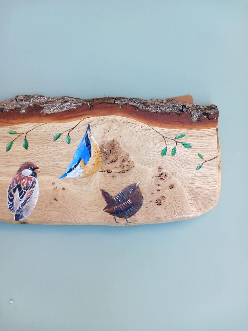 Thumbnail: Close up of right hand side of British Garden Birds painting on English Oak