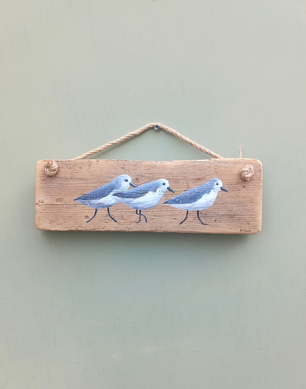 hand-painted sanderlings on driftwood