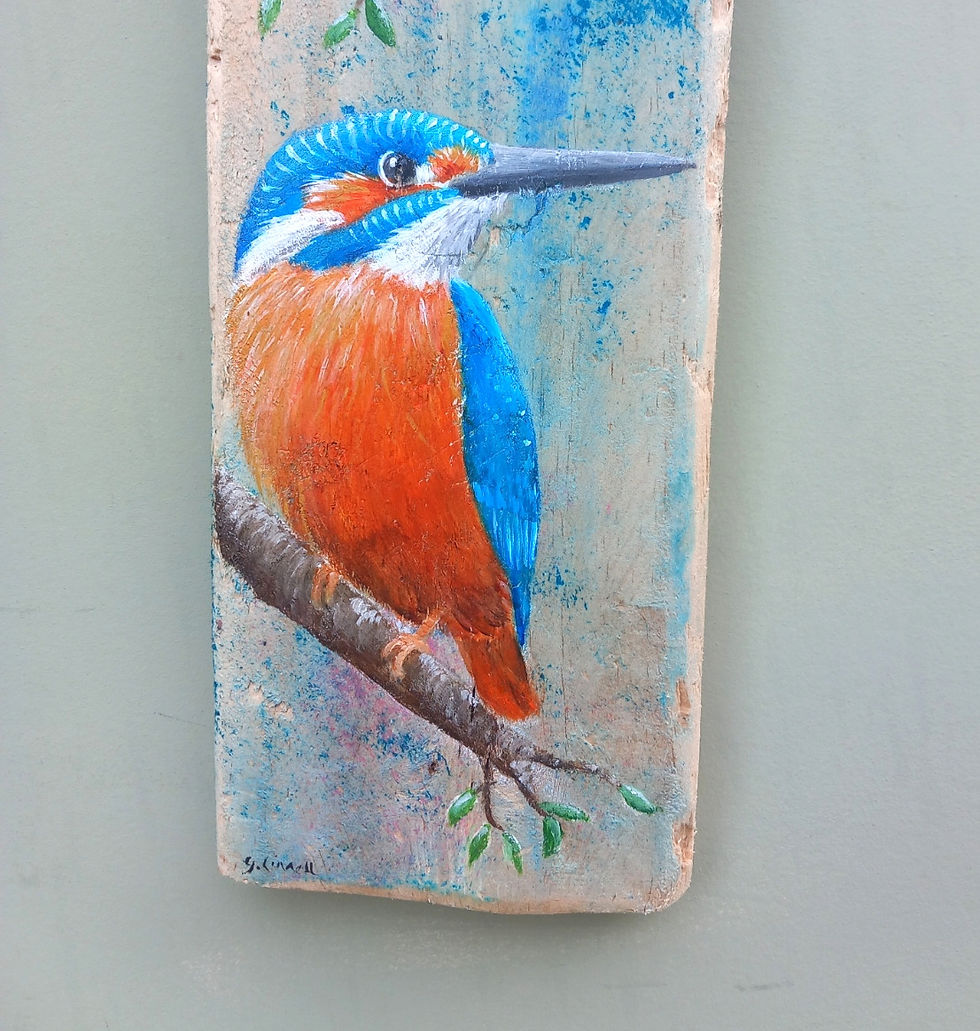 Thumbnail: Pair of kingfishers hand-painted on driftwood
