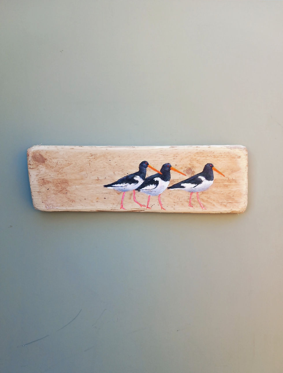 Thumbnail: Three Oystercatchers painted on driftwood