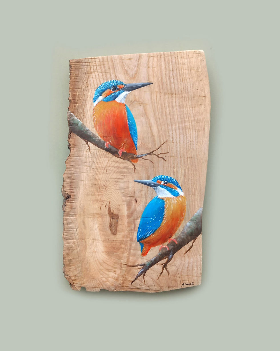 kingfishers painting on wood