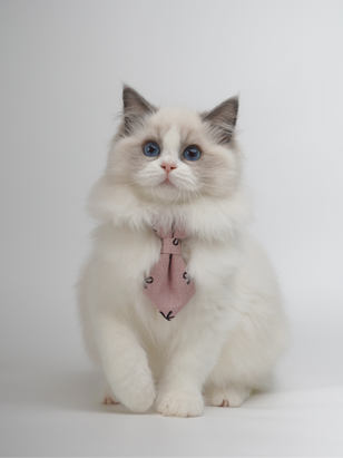 Blue bicolor Ragdoll kitten with bright blue eyes wearing a pink tie, graduation portrait in Ontario Canada