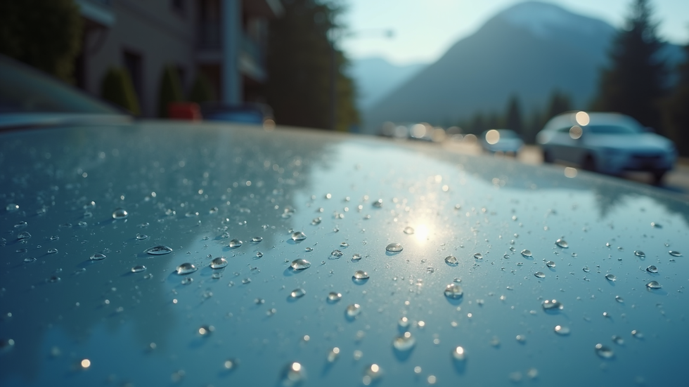 Close-up view of car hood with visible water spots
