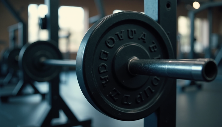 Eye-level view of a barbell loaded with weights on a gym rack