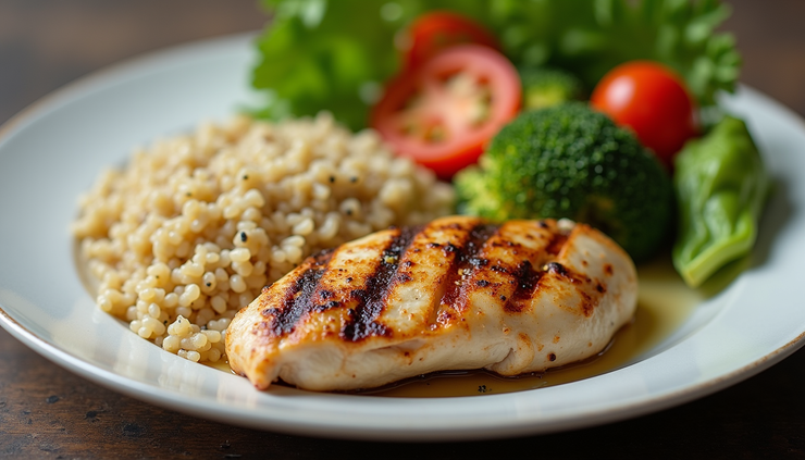 Close-up view of a balanced meal plate with grilled chicken, quinoa, and steamed vegetables