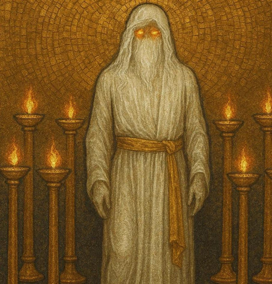 Une figure énigmatique semblable à un fils d'homme parmi les sept chandeliers d'or, icône byzantine