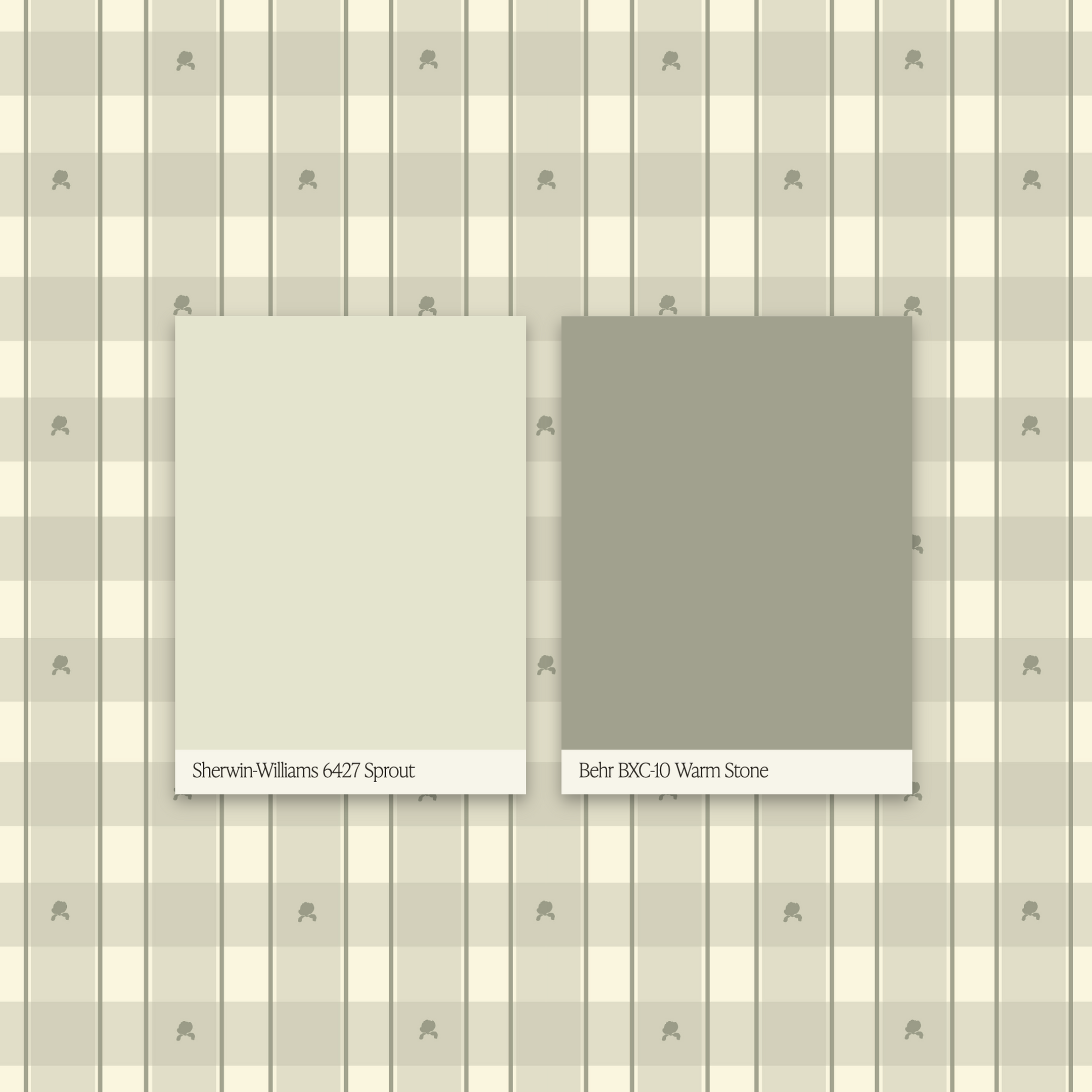 Sutton wallpaper in Willow Green paired with Sherwin-Williams Sprout and Behr Warm Stone paint swatches.