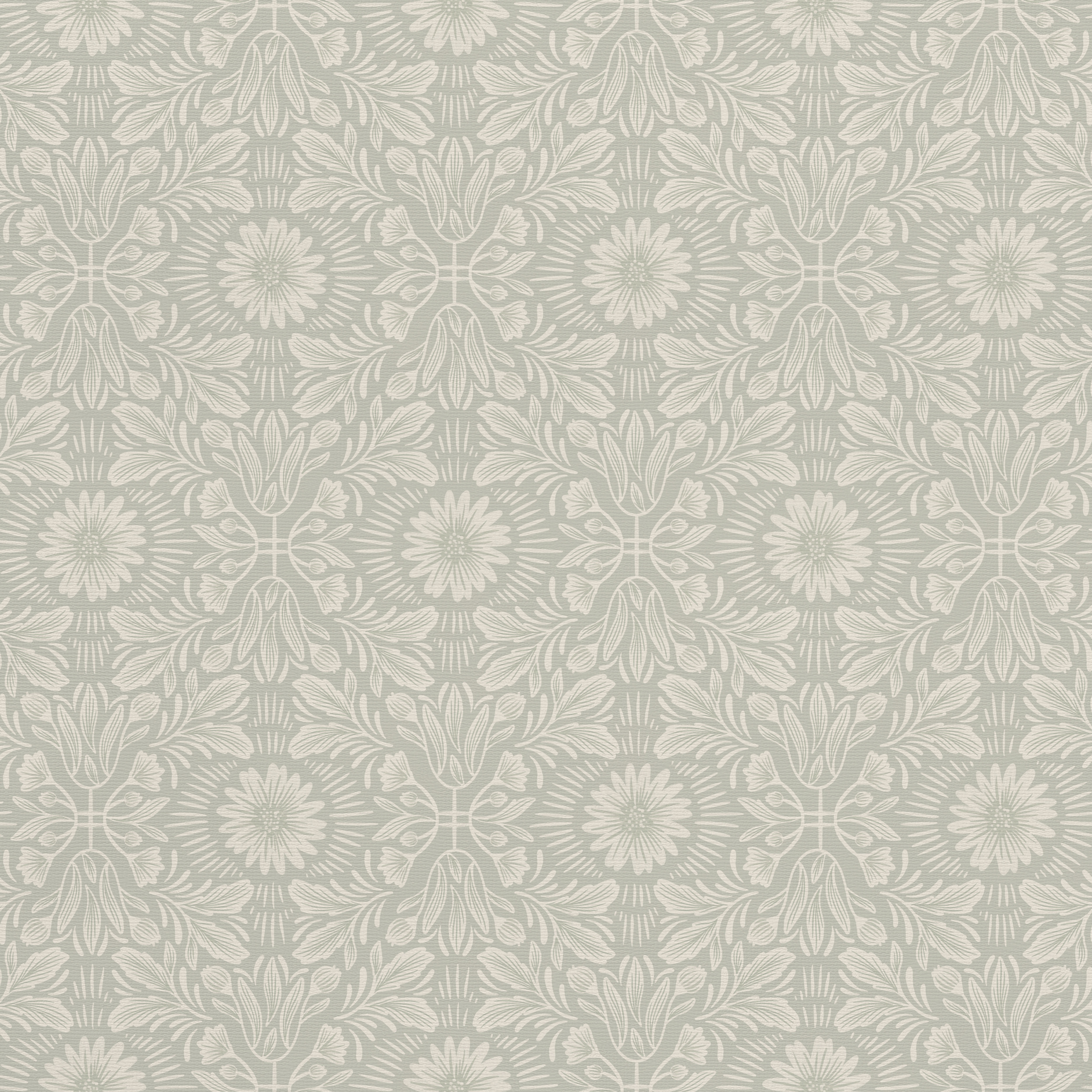 Symmetrical floral pattern with ornate leaves and radiating blossoms