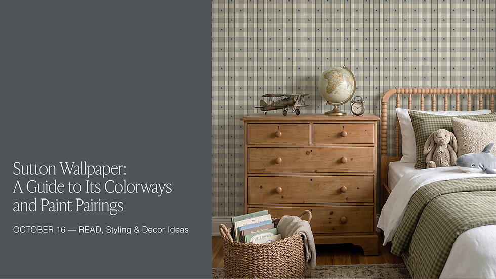 Cozy child’s bedroom with plaid wallpaper, wooden dresser, globe, toy plane, bed, stuffed bunny and shark; text: Sutton Wallpaper