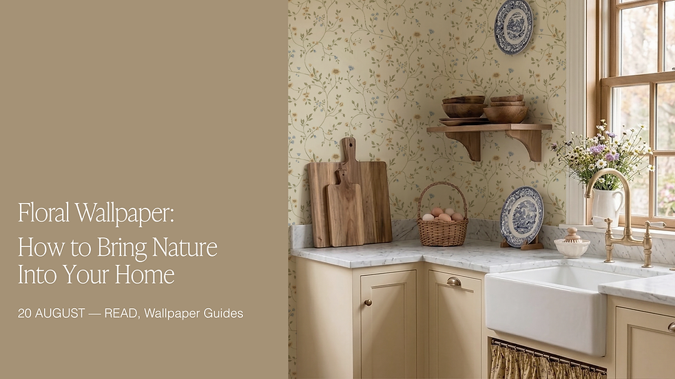 Cozy cottage kitchen with delicate floral wallpaper, cream cabinetry, a farmhouse sink, warm wood accents, and vintage inspired details.