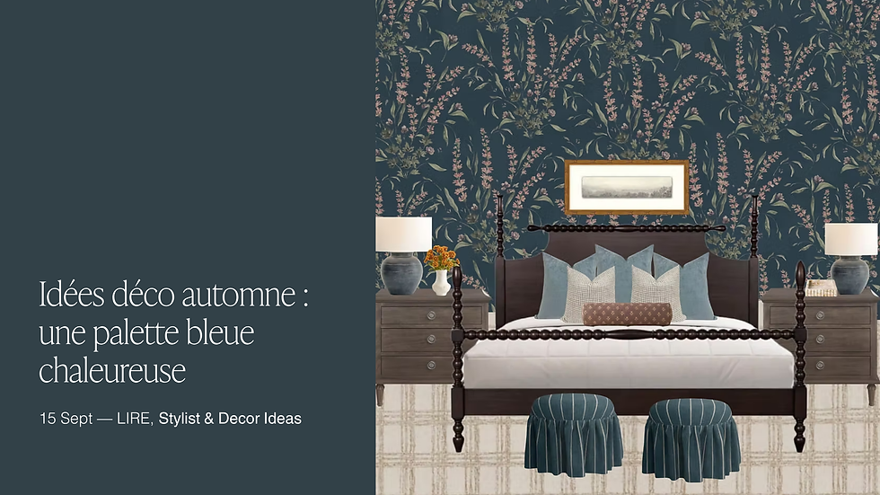 Inspiration déco automnale bleue avec des textiles superposés, des meubles en bois chaleureux, des touches florales et un style champêtre.