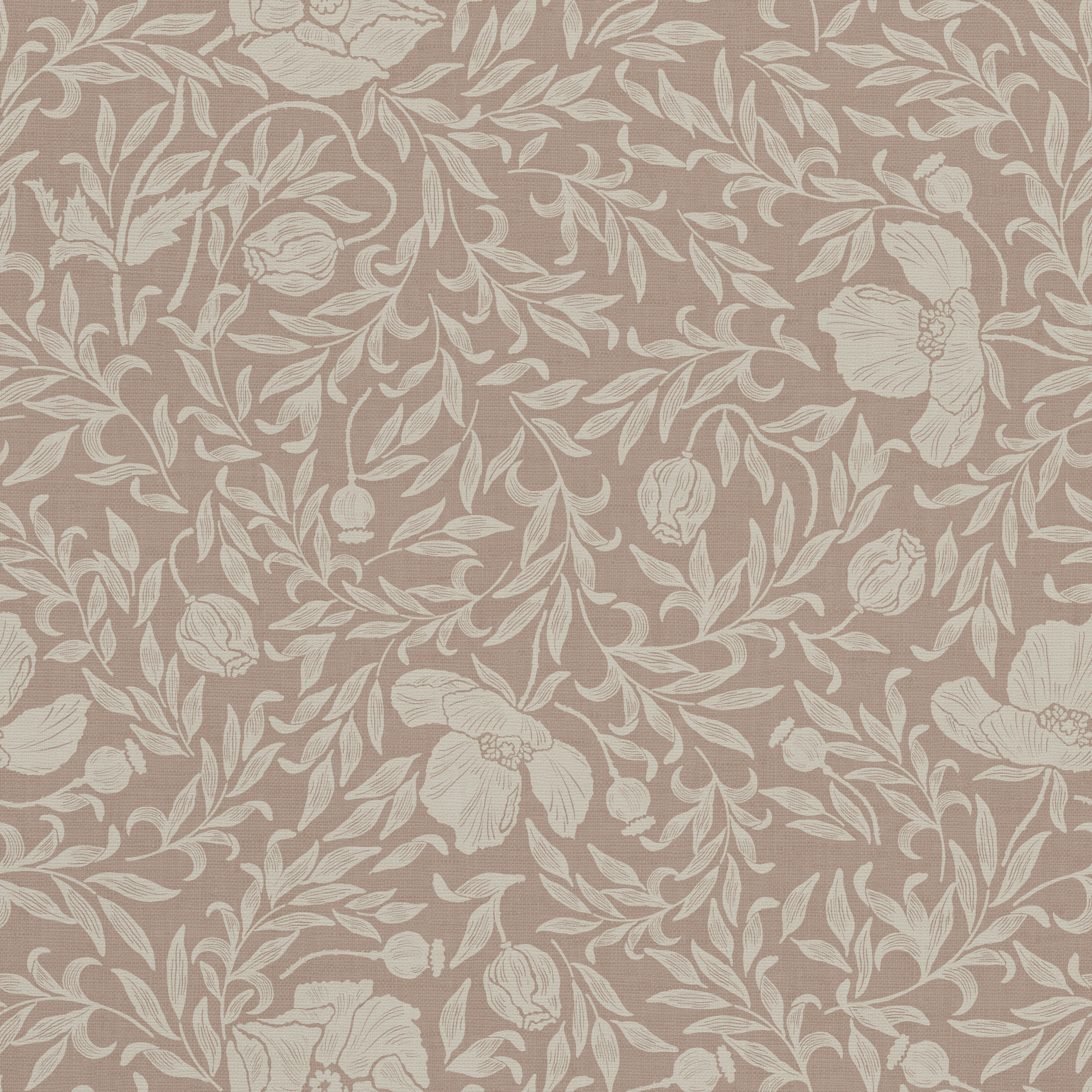 Wallpaper with dense floral and leafy vine pattern.