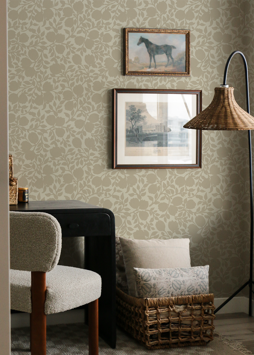 Floral silhouette wallpaper with flowing vintage inspired pattern