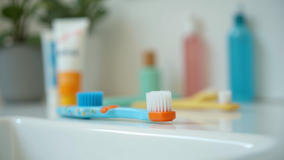 Eye-level view of a colorful children's toothbrush and toothpaste on a bathroom sink