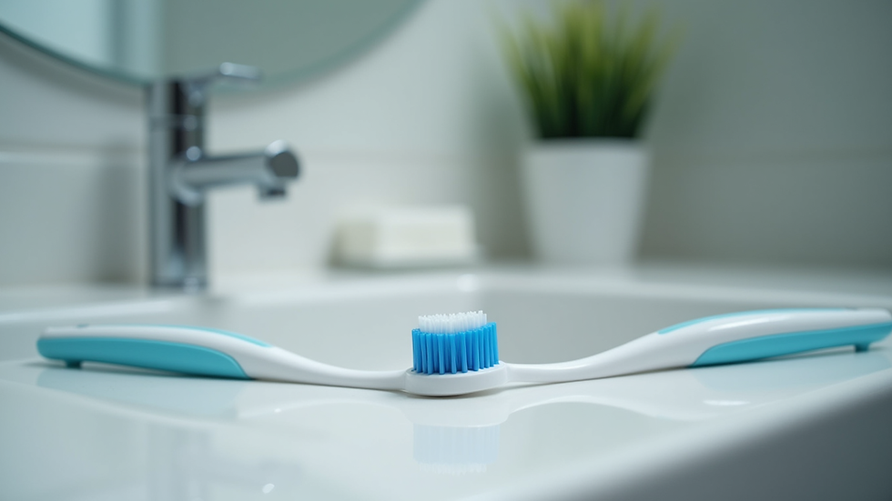 eye-level view of a toothbrush and toothpaste on a bathroom sink