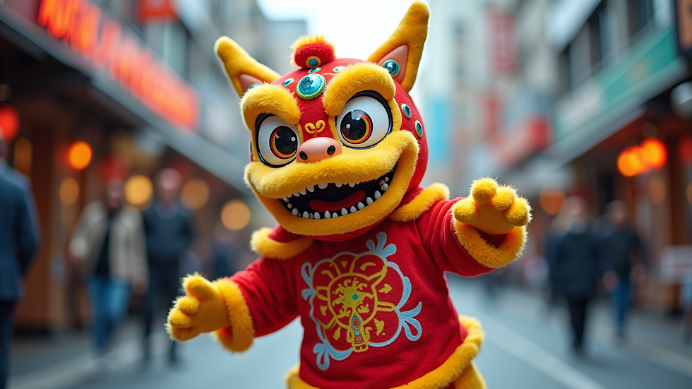eye-level view of colorful mascot costume of Shikaidaman