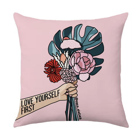 love yourself first bouquet of flowers and leaves empowering art for women on merchandising by sasa elebea links to redbubble