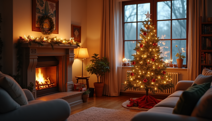 Eye-level view of a cozy living room decorated with holiday lights and a small Christmas tree