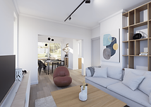 3D d'un salon avec deux canapés de part et d'autre de la pièce.