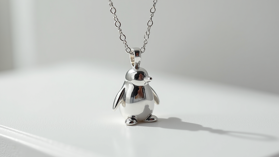 Close-up view of a sterling silver penguin necklace on a white background