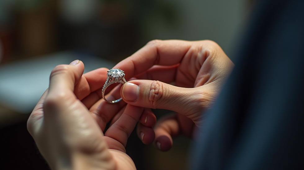 Close-up view of a jeweler's hands examining a diamond ring