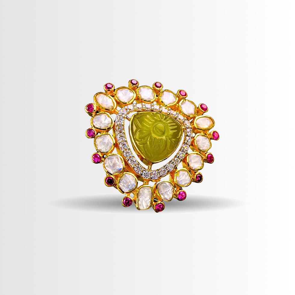 Thumbnail: Carved Green Polki Ring | Adjustable 925 Silver Ruby Accents | Gold Plated