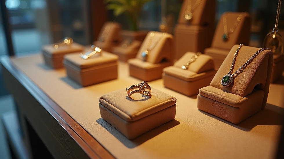 High angle view of a jewelry display case with rings and necklaces