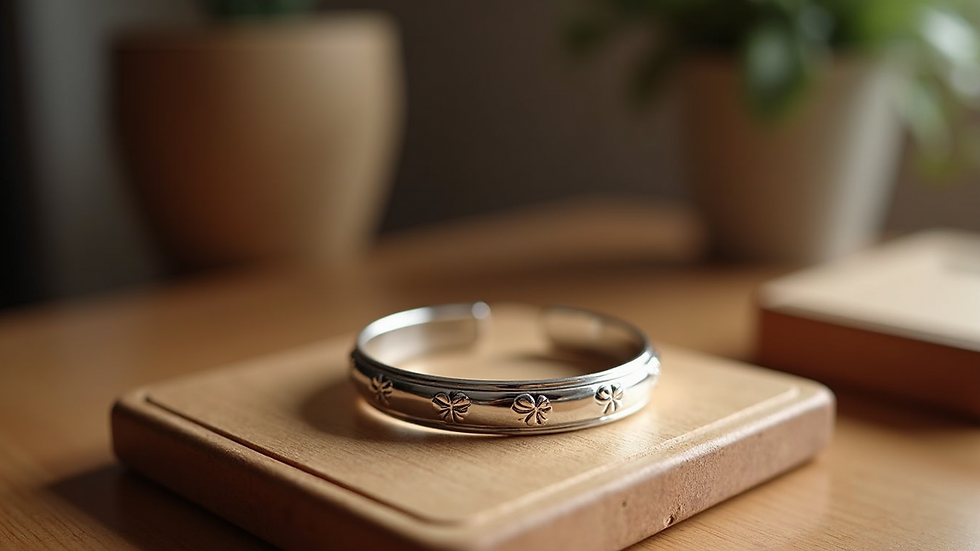 Eye-level view of a silver bracelet on a wooden display stand