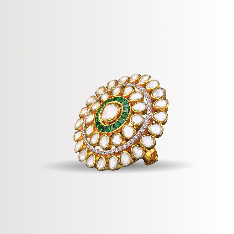 Thumbnail: Regal Emerald Halo Moissanite Polki Cocktail Ring | 925 Silver Adjustable Jadau