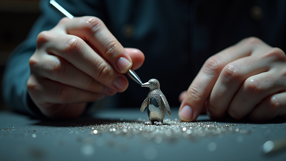 Eye-level view of a jeweler polishing a silver penguin pendant