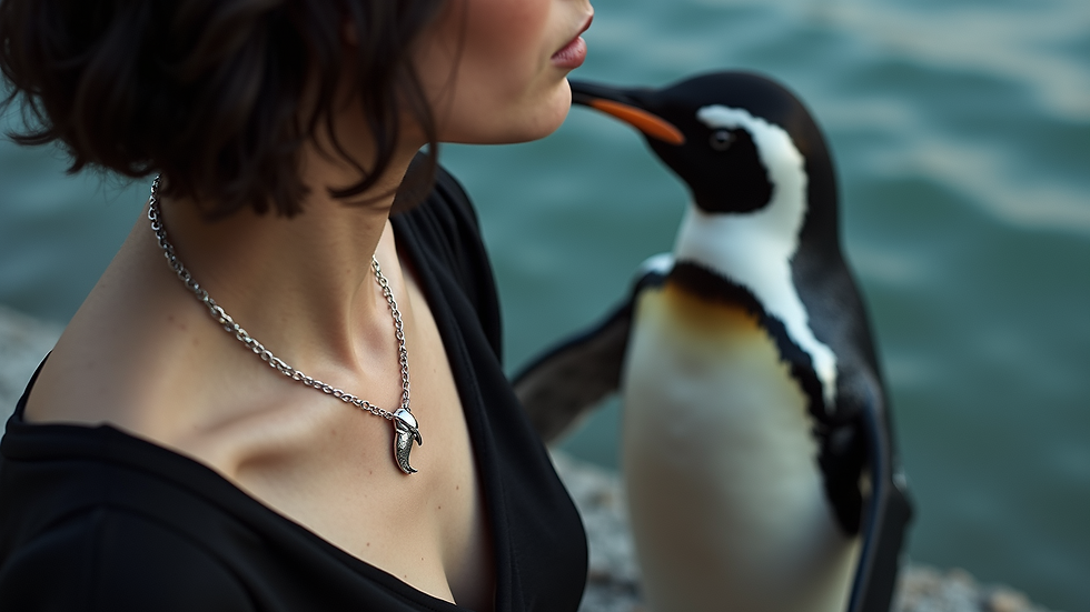 High angle view of a penguin silver necklace styled with a black dress