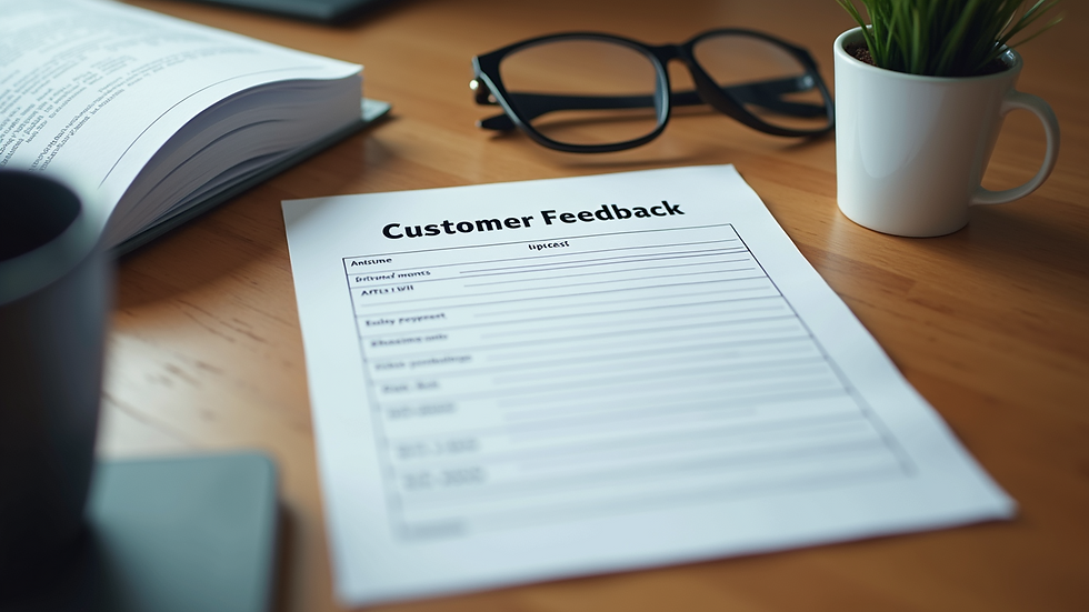 High angle view of a desk with a printed customer feedback form