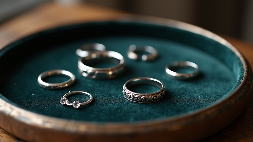 High angle view of sterling silver rings arranged on a velvet tray