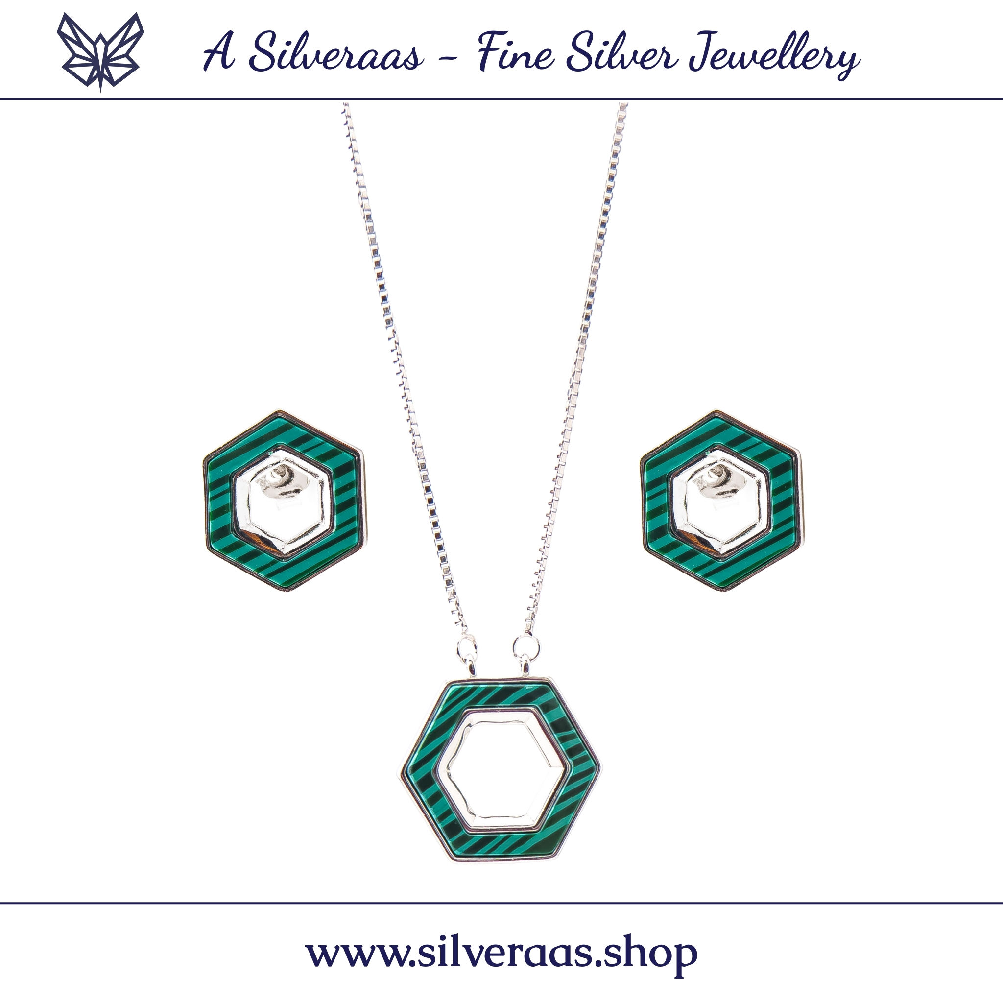 Hexagon Malachite Necklace with Earrings in 925 Silver | A Silveraas