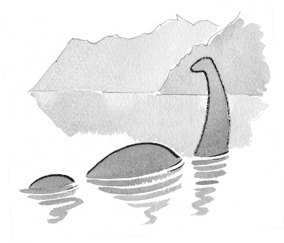 Nessie swimming in Loch Ness, from The Lamb Gang Save the Loch Ness Monster book by Safari Thomas, illustrated by Clinton Banbury