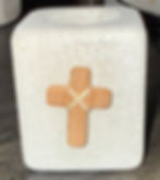 Limestone Sculpture with brown leather handle and brown hand carved wooded cross.
