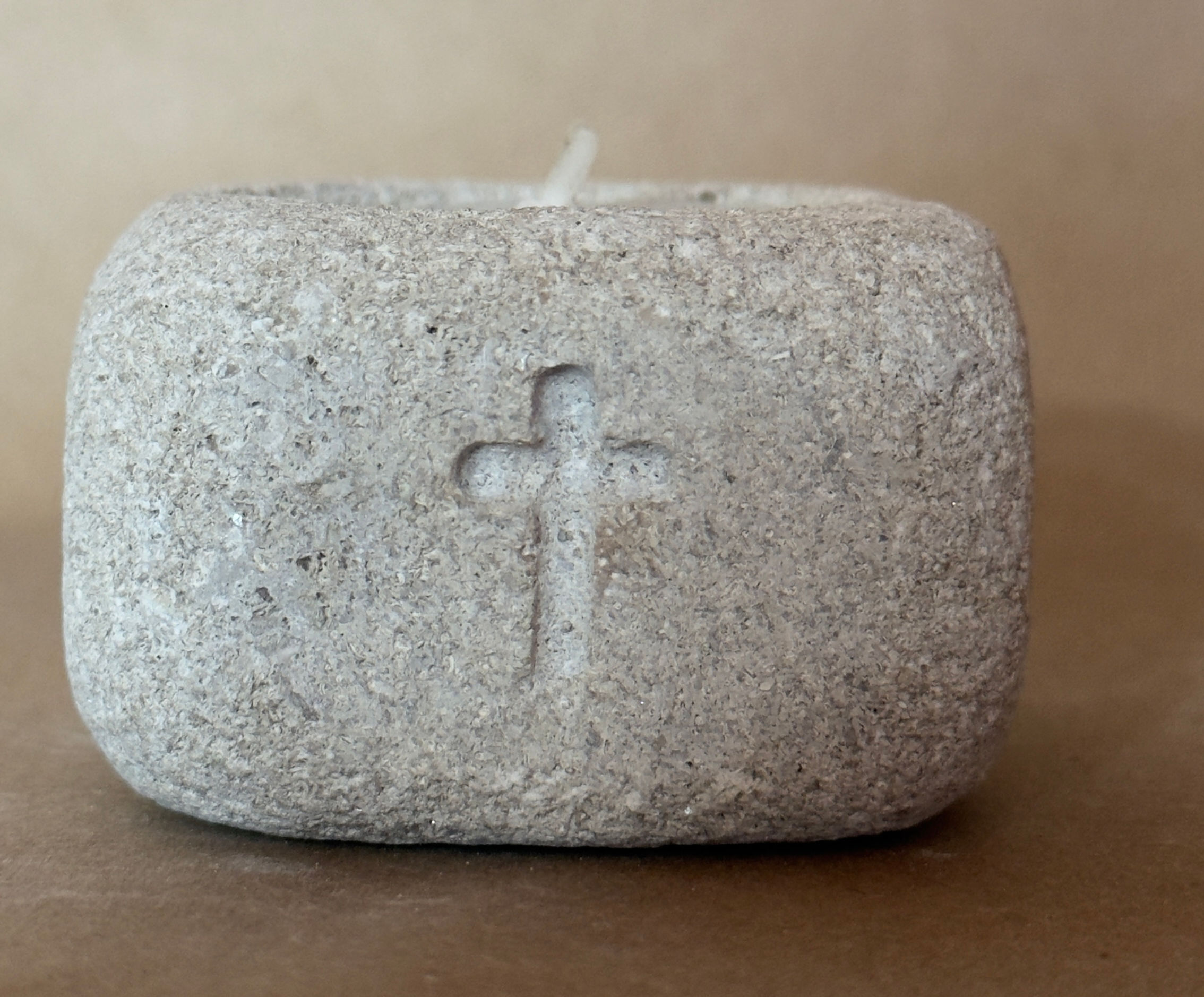 The Cross and Flame — hand-carved Indiana limestone and wood sculpture by Cross + Stone
