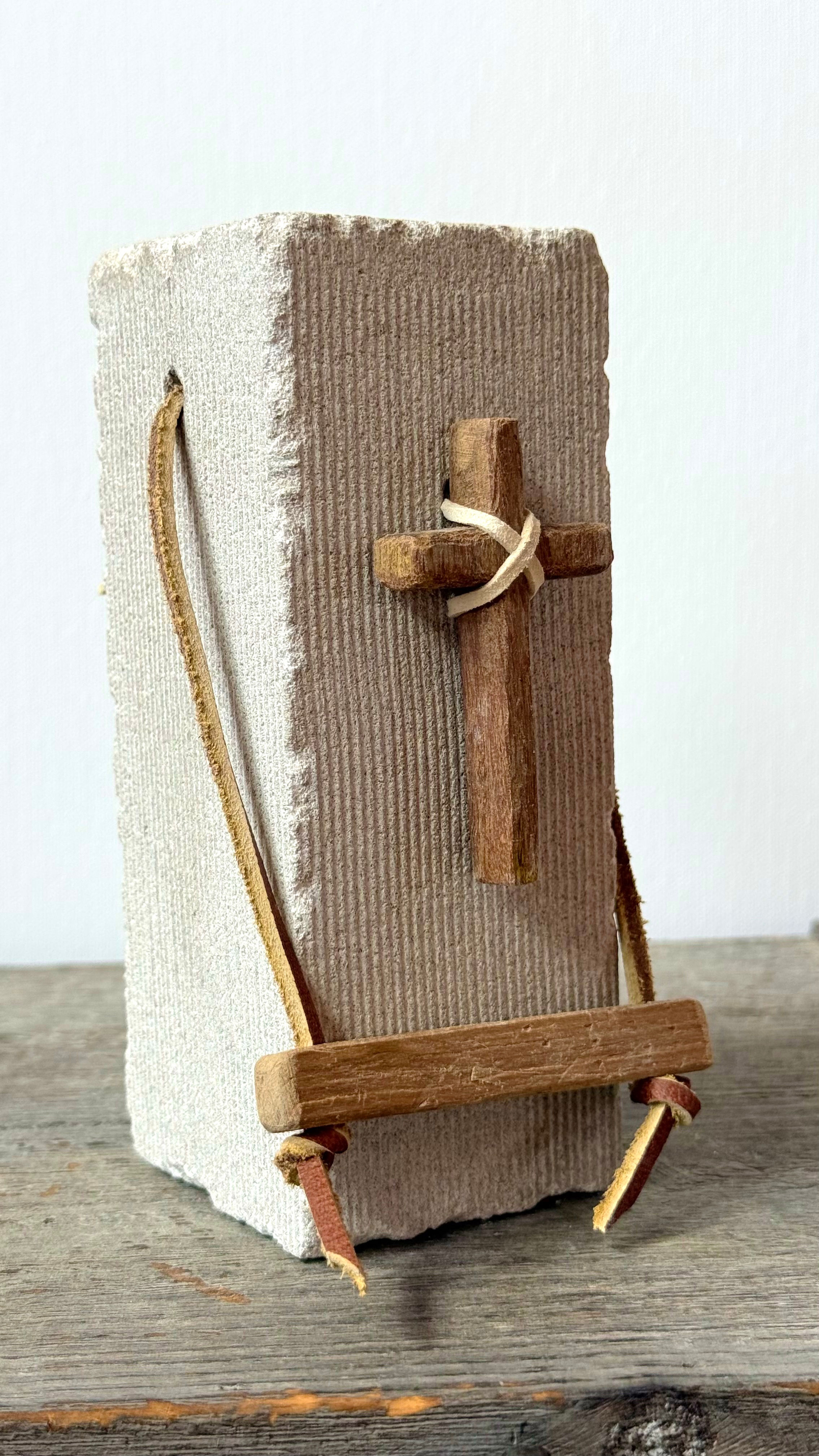 Natural cord wrapped stone with wooden cross, christian home decor