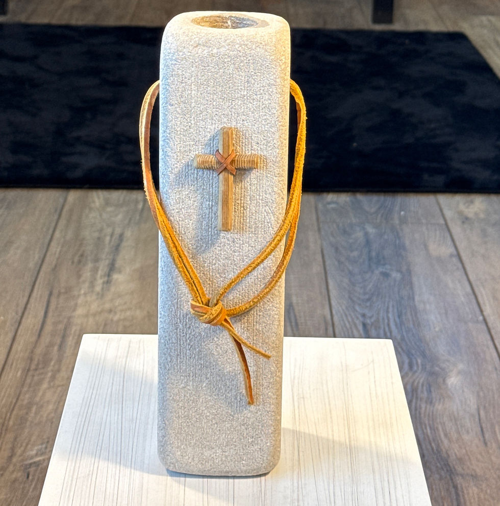 Thumbnail: Natural cord wrapped stone pillar with wooden cross