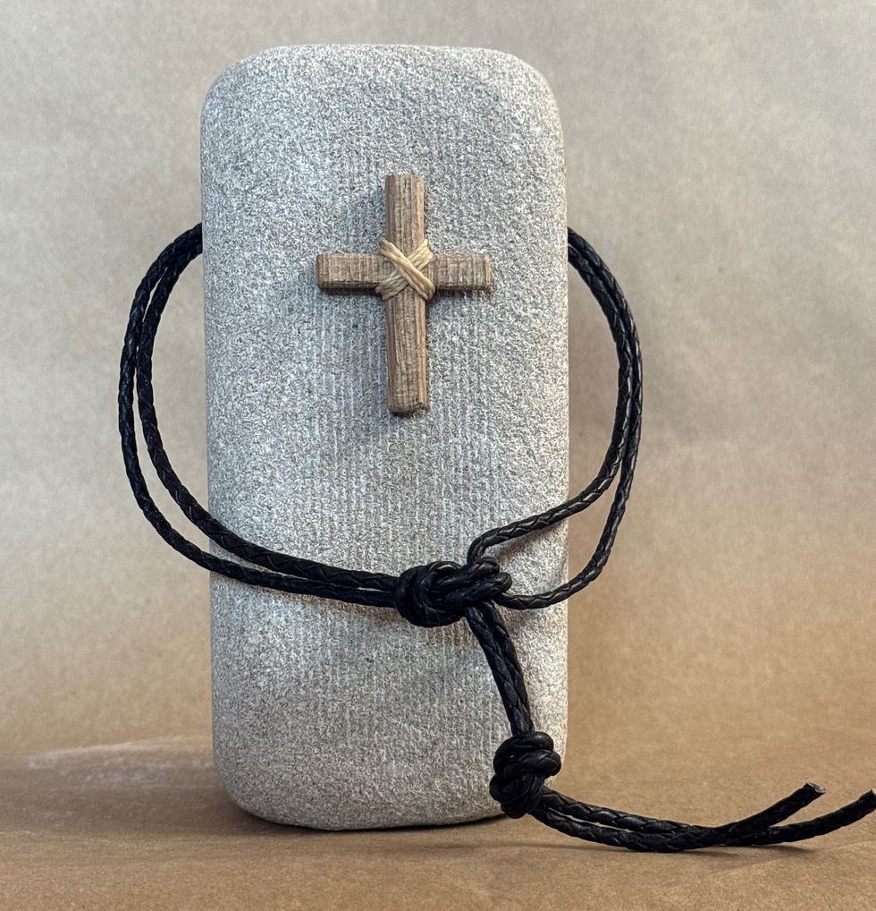 Thumbnail: Natural cord wrapped stone with wooden cross, christian home decor