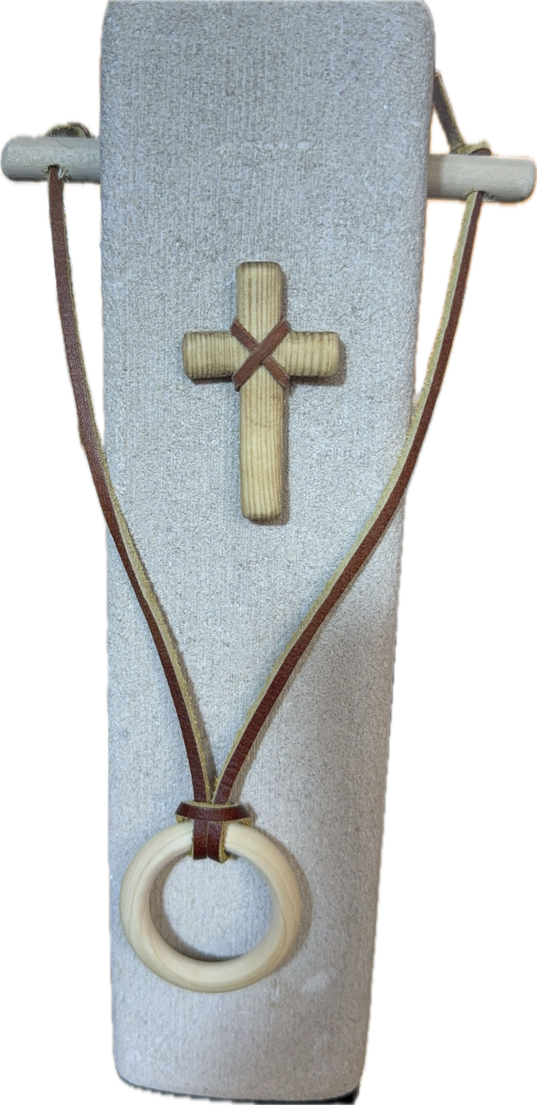 Limestone Sculpture with brown leather handle and brown hand carved wooded cross.