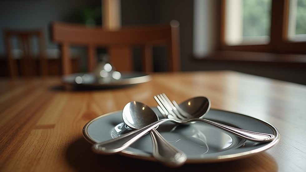 Eye-level view of a finely crafted silver serving set on a wooden table
