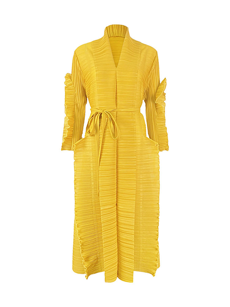 Thumbnail: Miyake Pleated Petal Sleeve Dress Lapel Cardigan Sashes High Fashion Loose Long